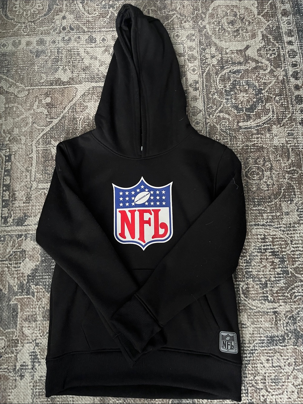 Boy’s 10-12 NFL Black Hoodie with Red & Blue Shield Logo